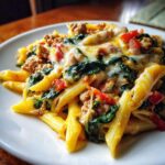 A close-up of cheesy ground turkey pasta featuring penne, ground meat, wilted spinach, and melted cheese on a white plate.