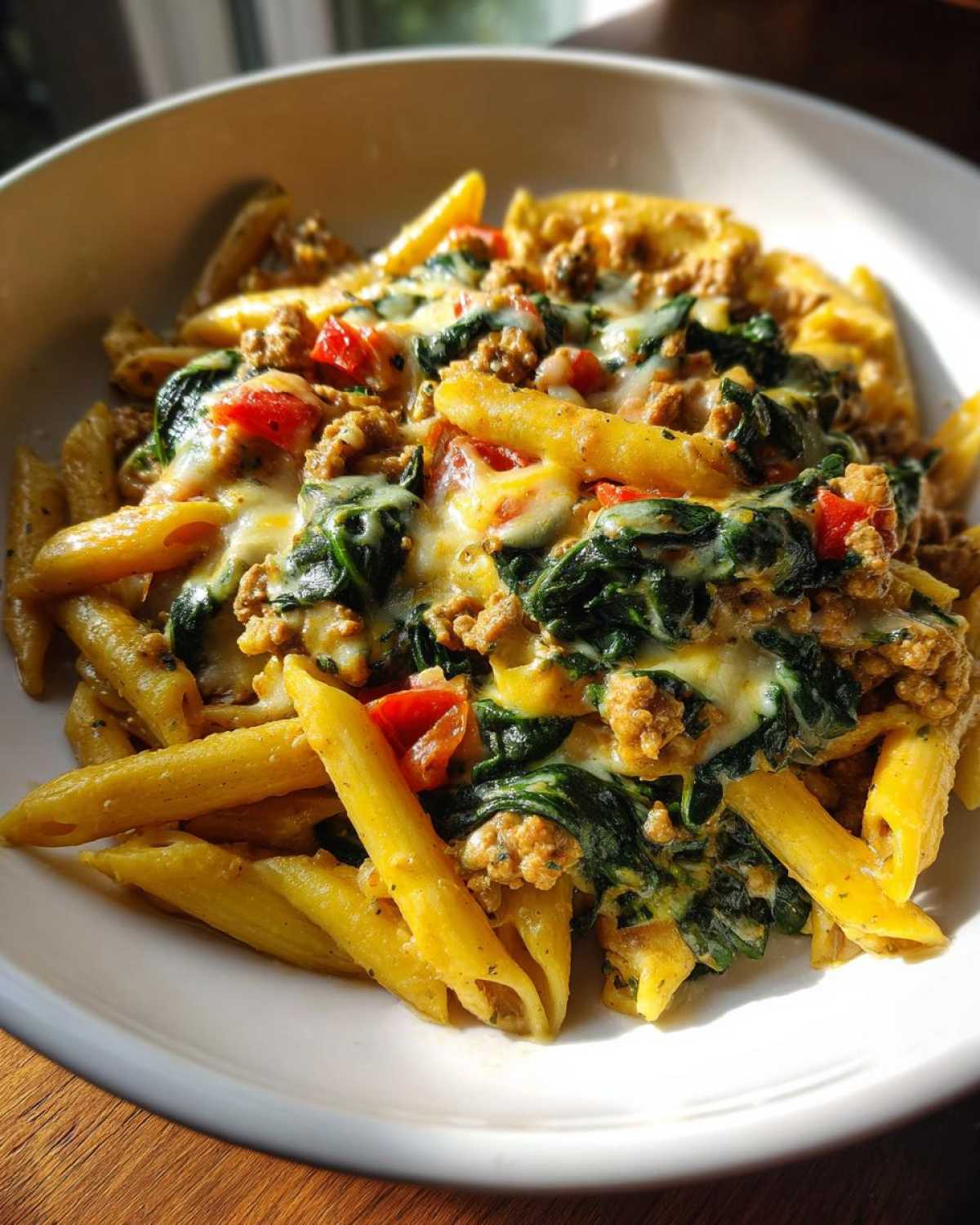 A close-up of a bowl of cheesy ground turkey pasta mixed with wilted spinach and diced tomatoes.