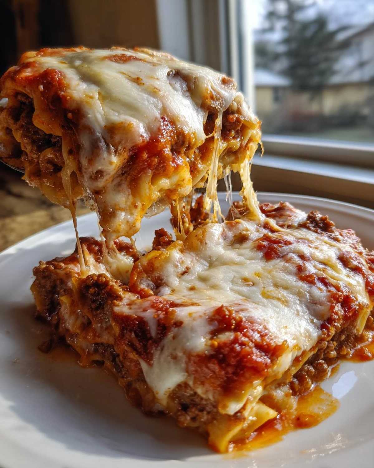 A serving spoon lifts a cheesy, saucy slice of instant pot lasagna, showing dramatic cheese pulls over the portion remaining on the plate.