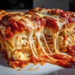 A gooey, cheesy slice of ravioli lasagna with melted mozzarella stretching over rich tomato sauce.