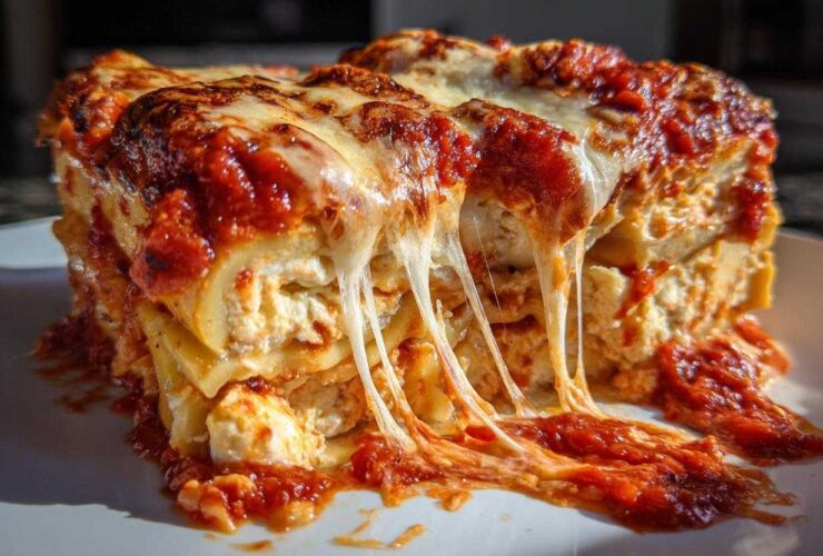 A gooey, cheesy slice of ravioli lasagna with melted mozzarella stretching over rich tomato sauce.