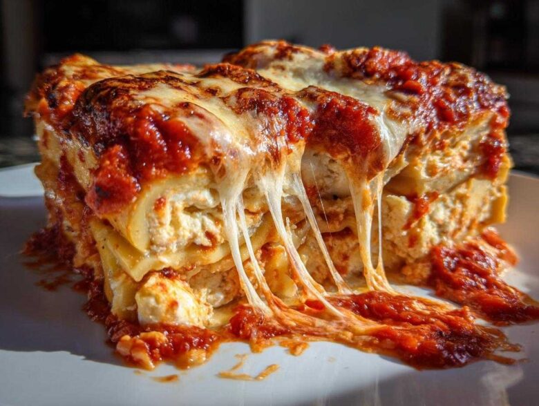 A gooey, cheesy slice of ravioli lasagna with melted mozzarella stretching over rich tomato sauce.
