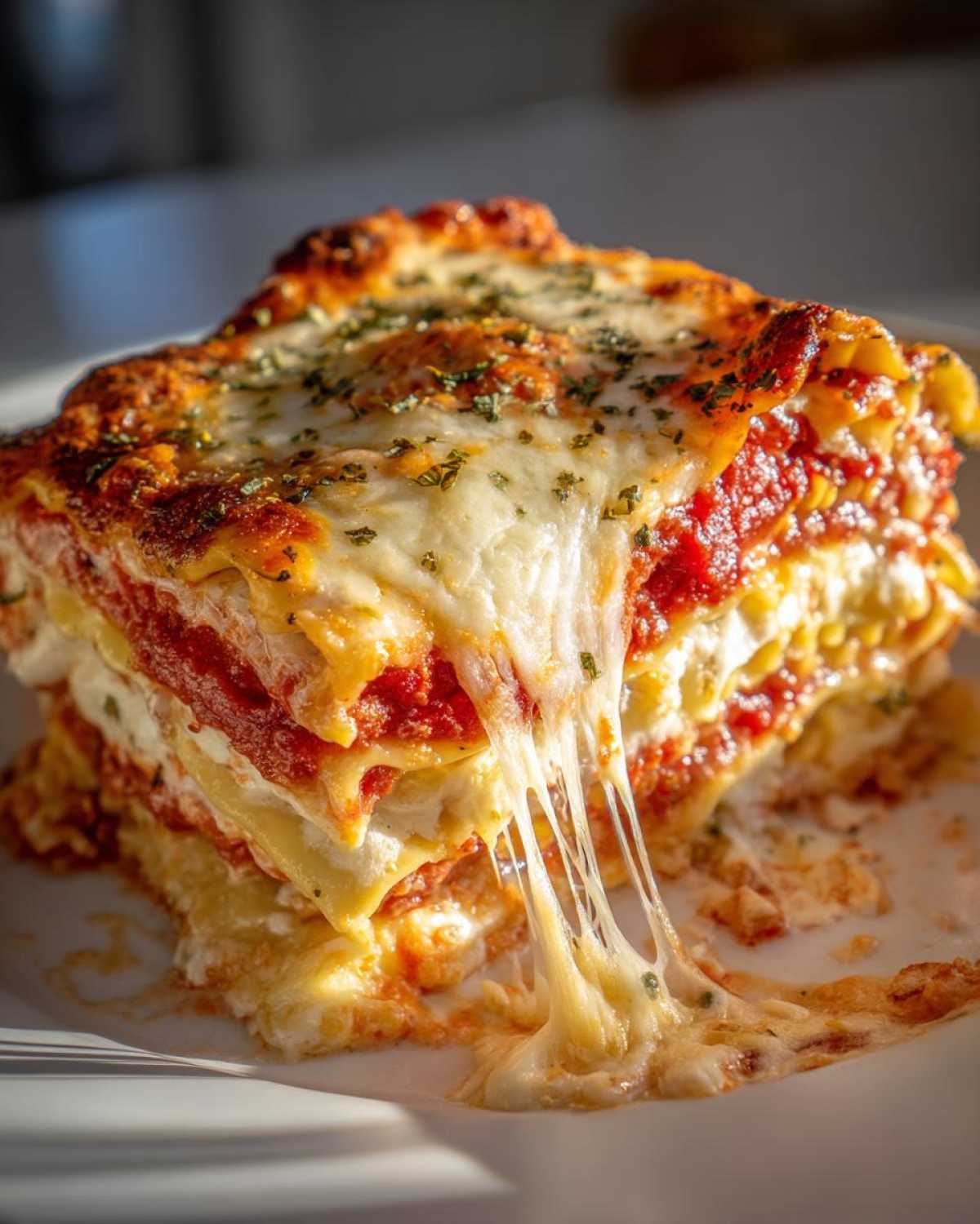 A gooey, cheesy slice of ravioli lasagna showing extreme cheese pull, topped with herbs.