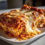 A close-up of a cheesy, saucy slice of ravioli lasagna with cheese stretching dramatically.