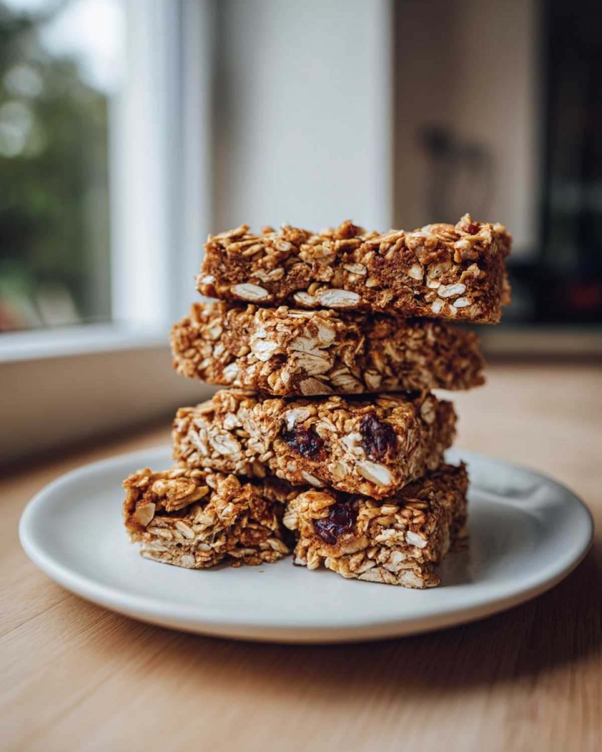 A stack of four chewy homemade granola bars featuring oats and dried fruit, resting on a white plate near a window.