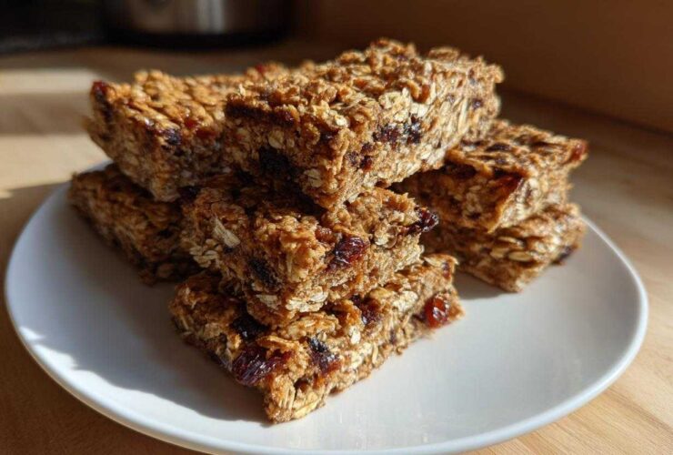 A stack of chewy homemade granola bars, rich with oats and dried cranberries, resting on a white plate.