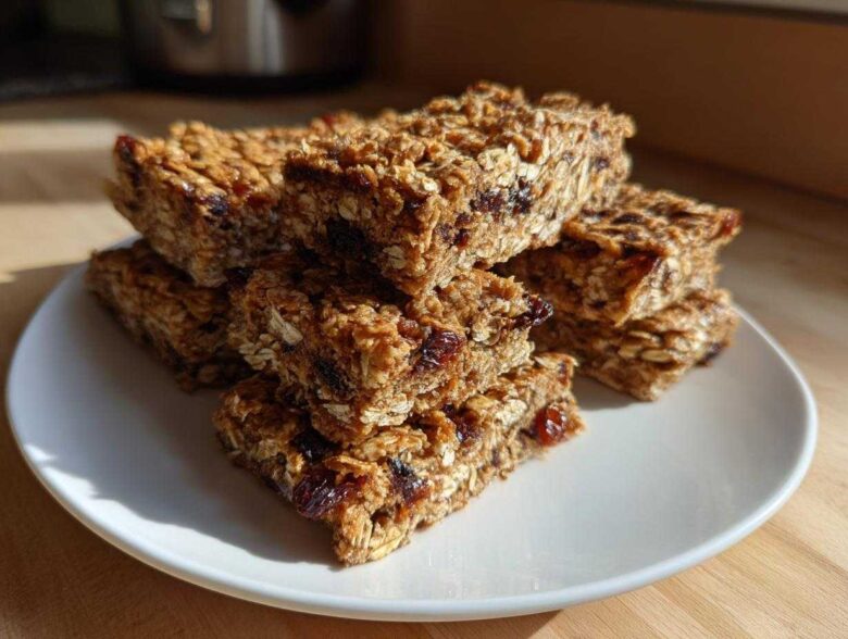 A stack of chewy homemade granola bars, rich with oats and dried cranberries, resting on a white plate.