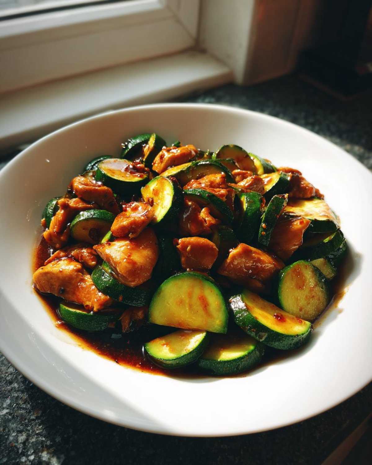 A bowl of savory chicken zucchini stir fry coated in a dark sauce, ready to eat.