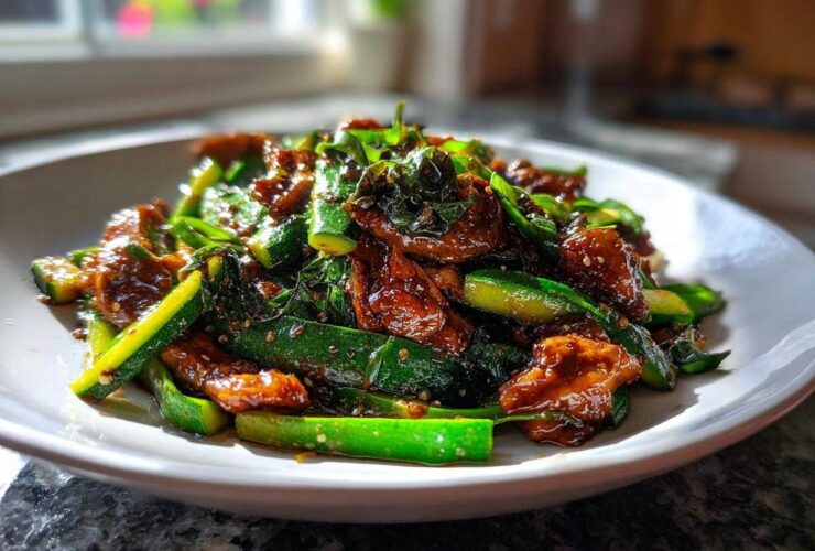 A close-up of a vibrant chicken zucchini stir fry coated in a glossy brown sauce, served on a white plate.