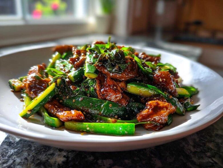 A close-up of a vibrant chicken zucchini stir fry coated in a glossy brown sauce, served on a white plate.