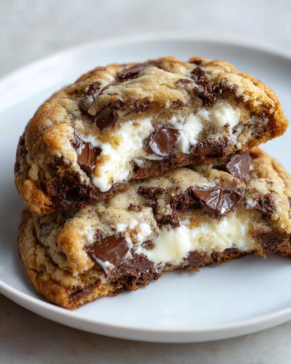 Two halves of a gooey chocolate chip cheesecake cookie stacked, showing the creamy white cheesecake filling inside.