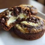 A close-up of a chocolate chip cheesecake cookie cut in half, showing the creamy cheesecake center and chocolate chip cookie dough.