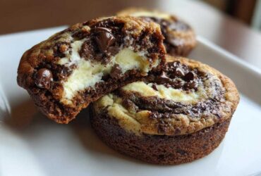 A close-up of a chocolate chip cheesecake cookie cut in half, showing the creamy cheesecake center and chocolate chip cookie dough.