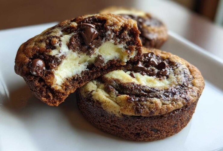 A close-up of a chocolate chip cheesecake cookie cut in half, showing the creamy cheesecake center and chocolate chip cookie dough.