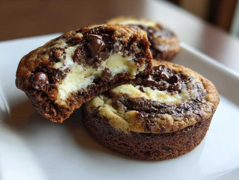 A close-up of a chocolate chip cheesecake cookie cut in half, showing the creamy cheesecake center and chocolate chip cookie dough.