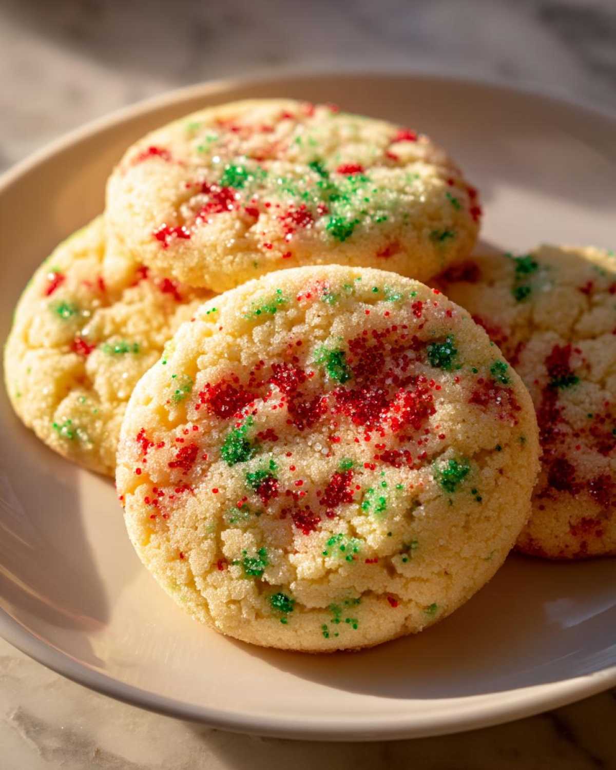 A stack of soft, round christmas sprinkle sugar cookies topped with red and green sanding sugar.