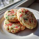 Three soft, round christmas sprinkle sugar cookies topped with red and green nonpareils, resting on a white plate.