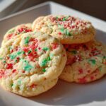 A stack of four soft, light-colored christmas sprinkle sugar cookies topped with red, green, and white sprinkles.