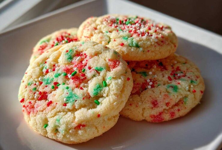 A stack of four soft, light-colored christmas sprinkle sugar cookies topped with red, green, and white sprinkles.