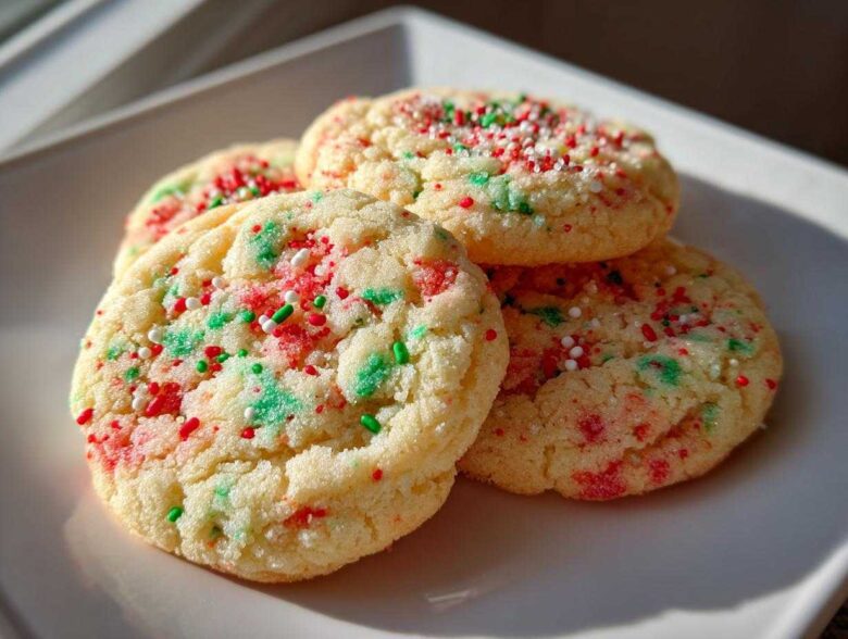 A stack of four soft, light-colored christmas sprinkle sugar cookies topped with red, green, and white sprinkles.