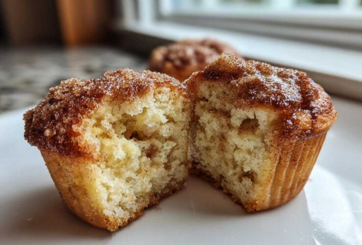 Close-up of a cinnamon sugar french toast muffin cut in half, showing its fluffy interior and sugary topping.