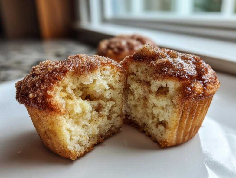 Close-up of a cinnamon sugar french toast muffin cut in half, showing its fluffy interior and sugary topping.