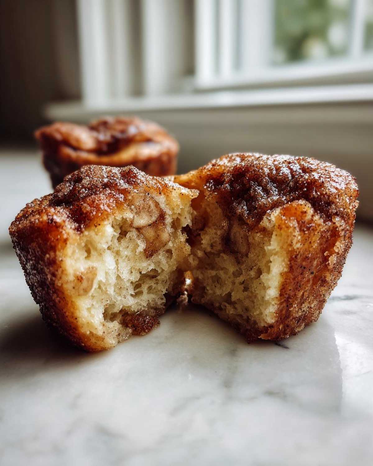 A cinnamon sugar french toast muffin broken in half showing the moist interior and cinnamon swirl.