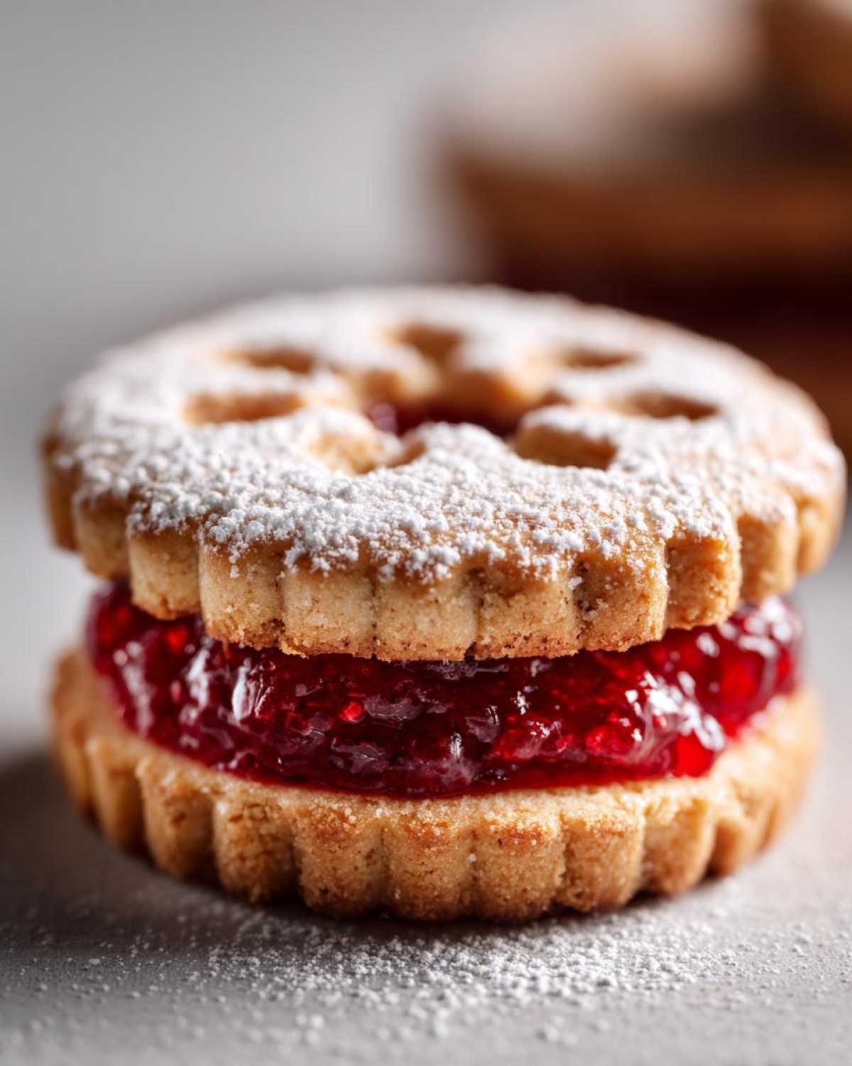 A close-up, detailed shot of a single linzer cookie filled with bright red raspberry jam and dusted with powdered sugar.