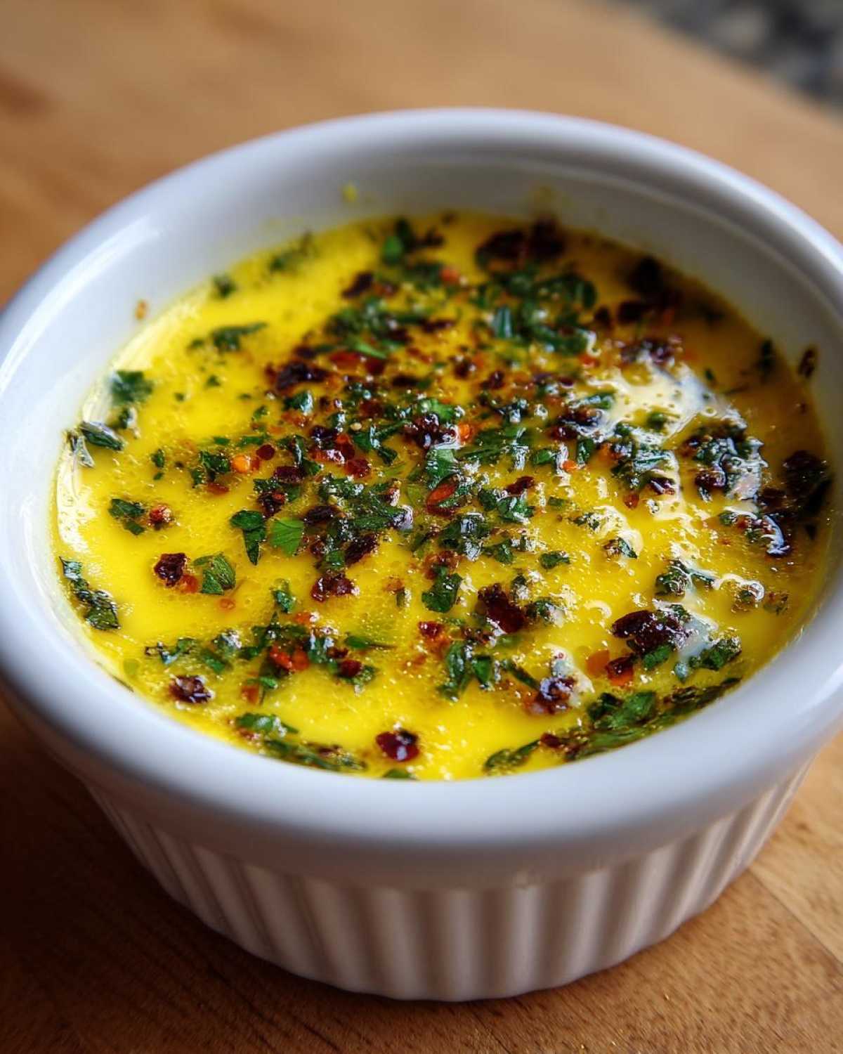 Close-up of melted, bright yellow cowboy butter dipping sauce topped with fresh parsley and red pepper flakes in a white ramekin.