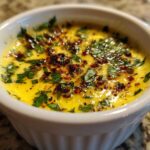 Close-up of melted yellow cowboy butter dipping sauce topped with fresh parsley and chili flakes in a white ramekin.