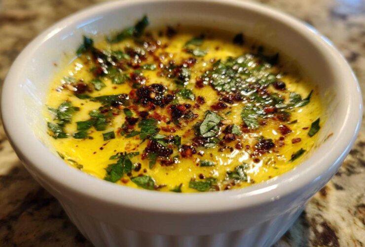 Close-up of melted yellow cowboy butter dipping sauce topped with fresh parsley and chili flakes in a white ramekin.