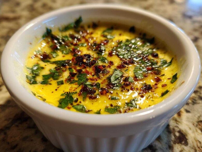 Close-up of melted yellow cowboy butter dipping sauce topped with fresh parsley and chili flakes in a white ramekin.