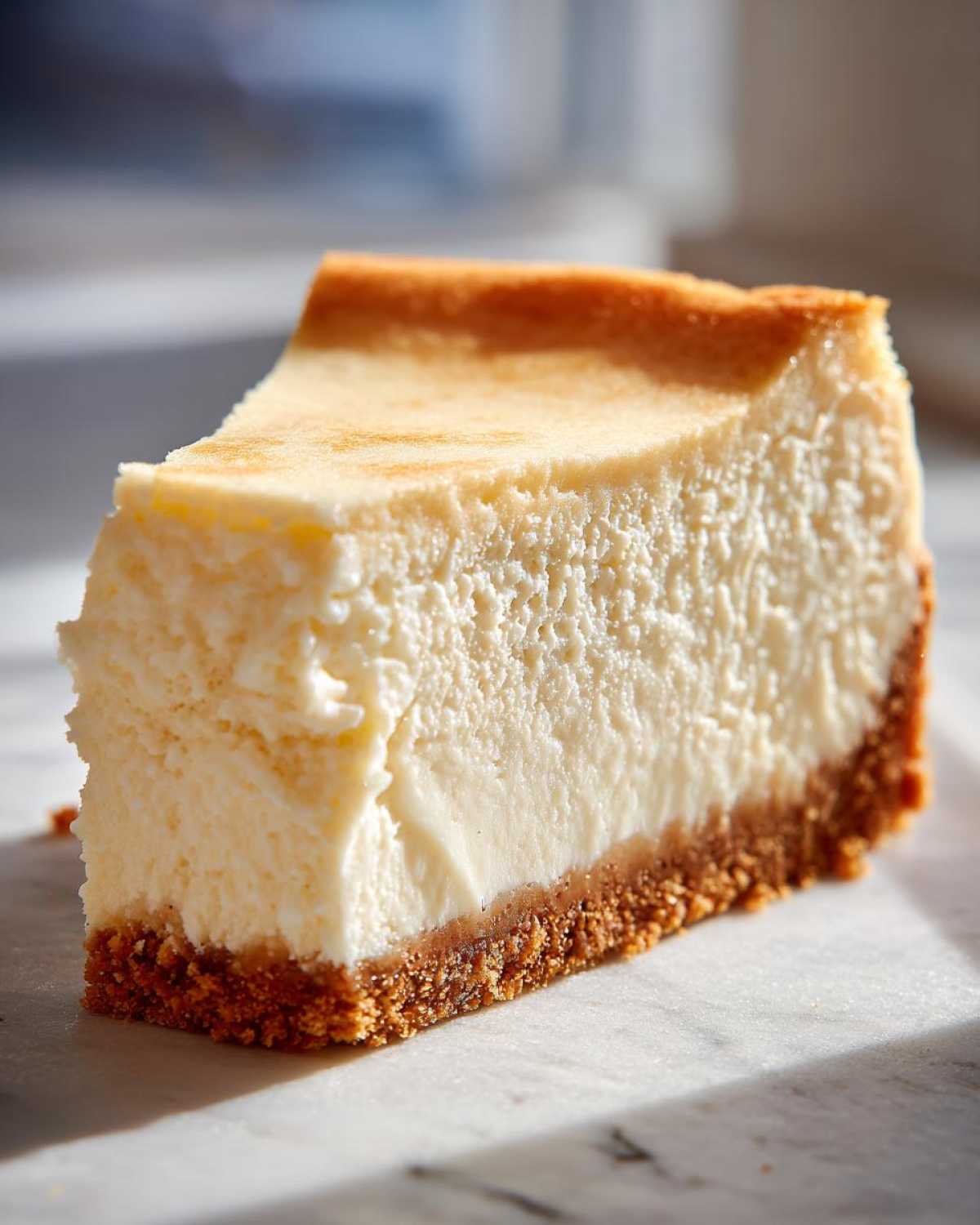 A close-up, beautifully lit slice of creamy cheesecake recipe with a thick graham cracker crust.