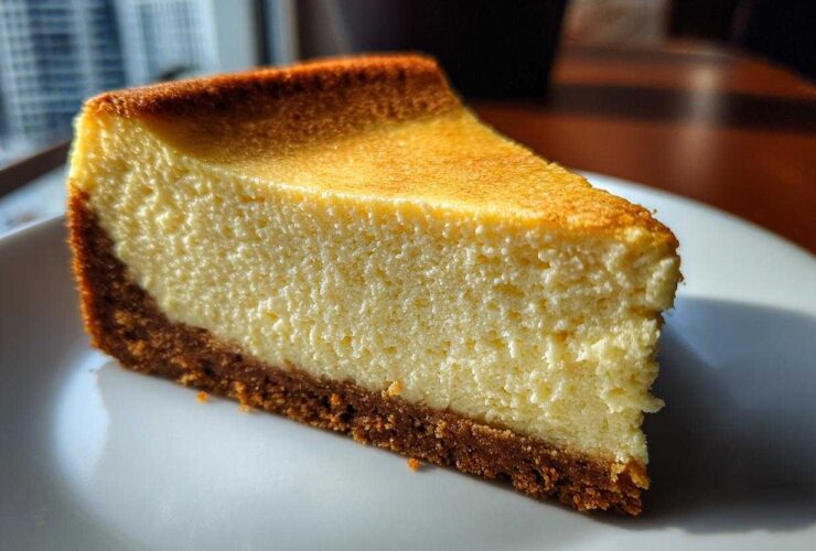 A close-up shot of a perfect, smooth slice of cheesecake showing the creamy filling and graham cracker crust.