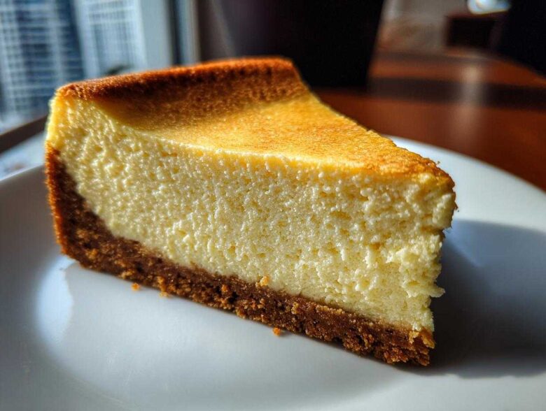 A close-up shot of a perfect, smooth slice of cheesecake showing the creamy filling and graham cracker crust.