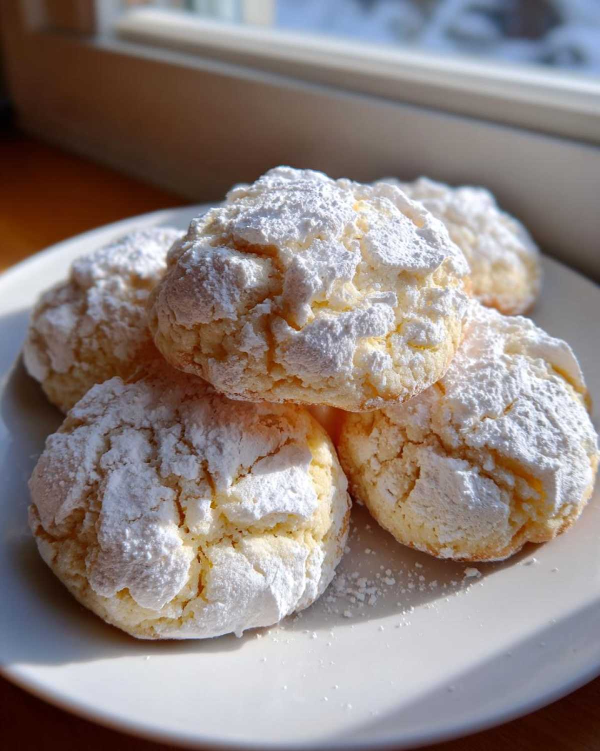A stack of soft, crinkle-topped cool whip cookies heavily dusted with white powdered sugar on a white plate.