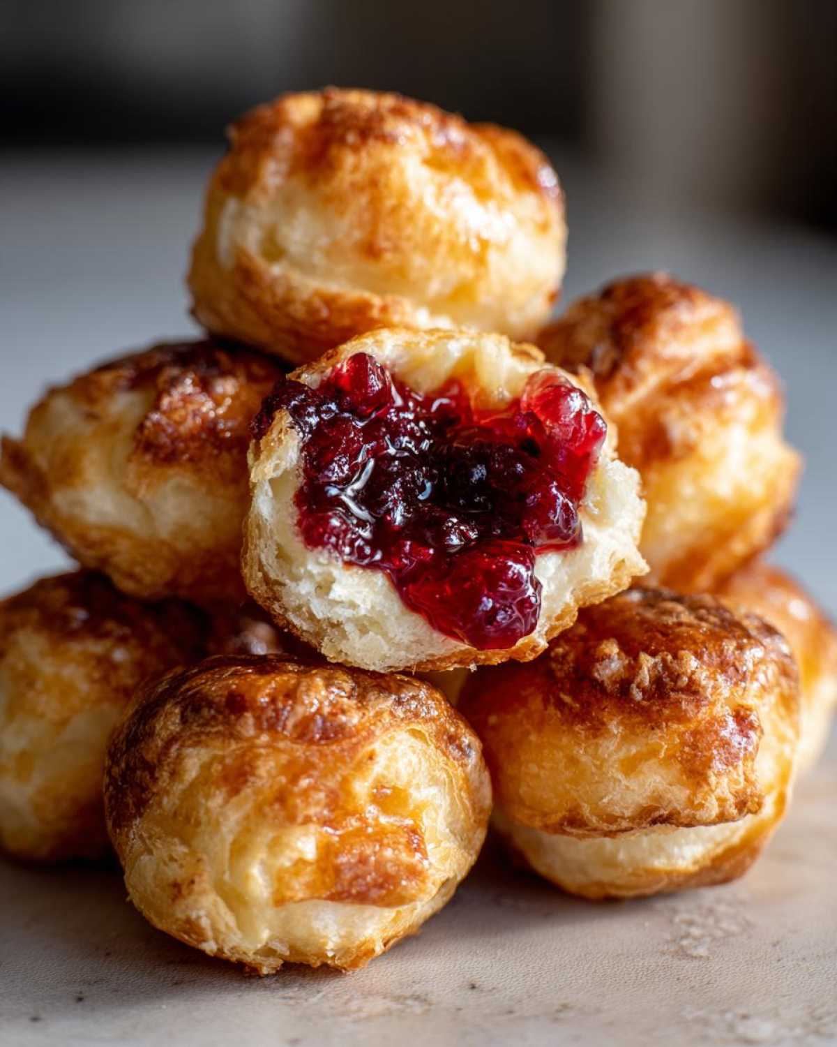 A stack of golden-brown cranberry brie bites, with one bite broken open revealing melted brie and rich cranberry filling.
