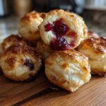 A stack of golden-brown, flaky cranberry brie bites, one cut open showing the melted brie and cranberry filling.