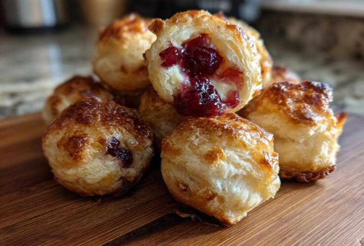 A stack of golden-brown, flaky cranberry brie bites, one cut open showing the melted brie and cranberry filling.