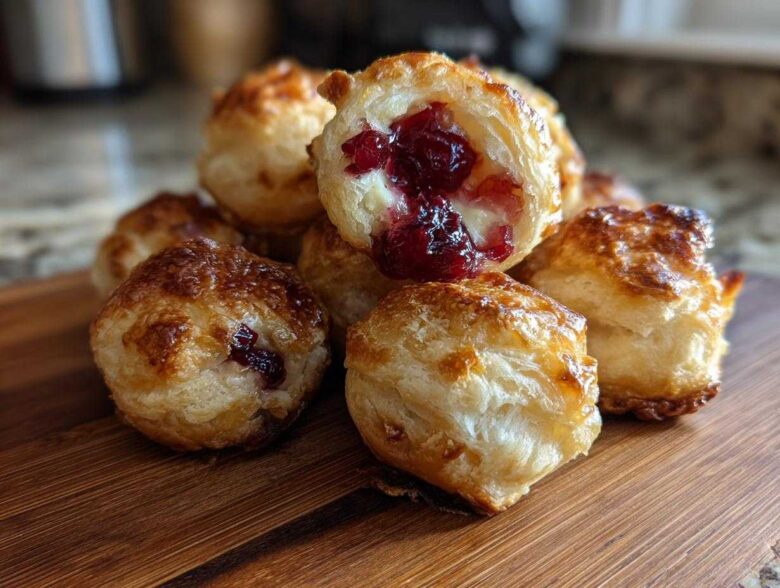 A stack of golden-brown, flaky cranberry brie bites, one cut open showing the melted brie and cranberry filling.