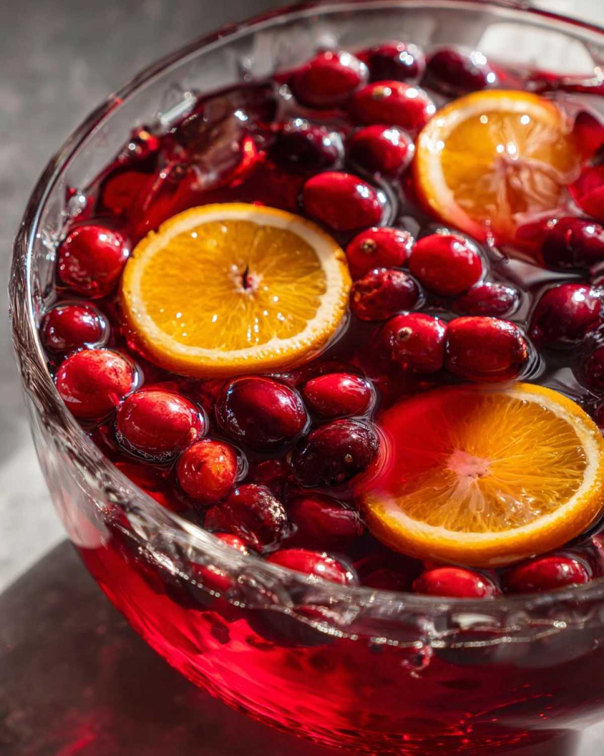 Close-up of vibrant red thanksgiving punch garnished with fresh cranberries and bright orange slices.