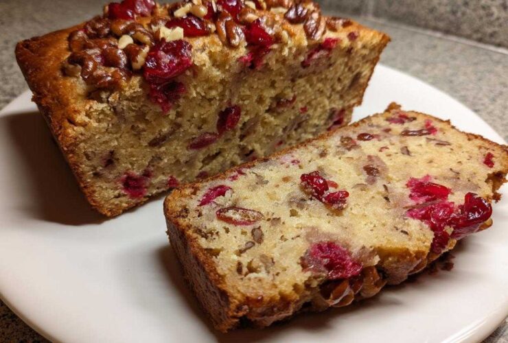 A loaf of cranberry walnut bread, sliced to show the interior packed with bright red cranberries and walnuts.