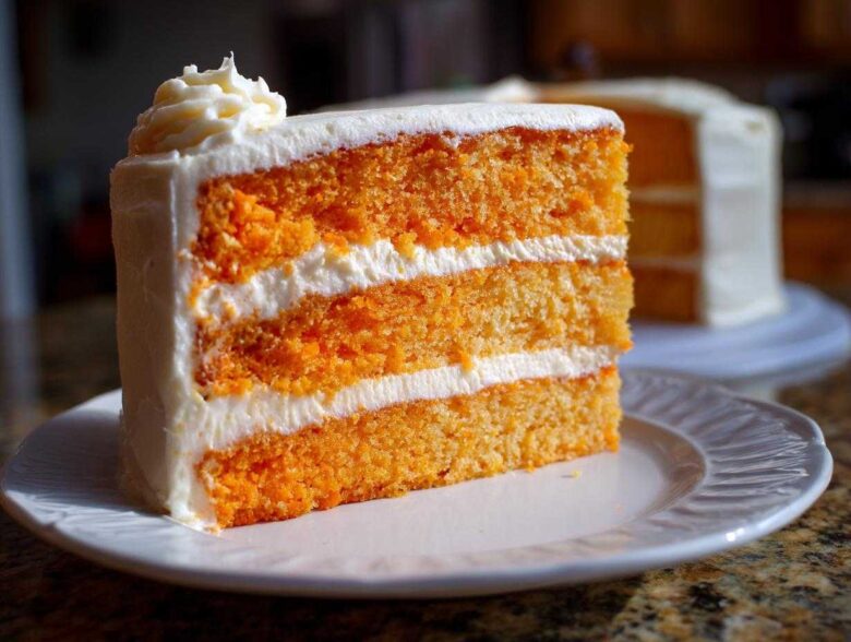 Close-up of a three-layer slice of bright orange Creamsicle Cake filled and frosted with white cream cheese icing.