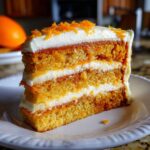 Close-up of a moist slice of three-layer Creamsicle Cake with white frosting and orange zest topping.