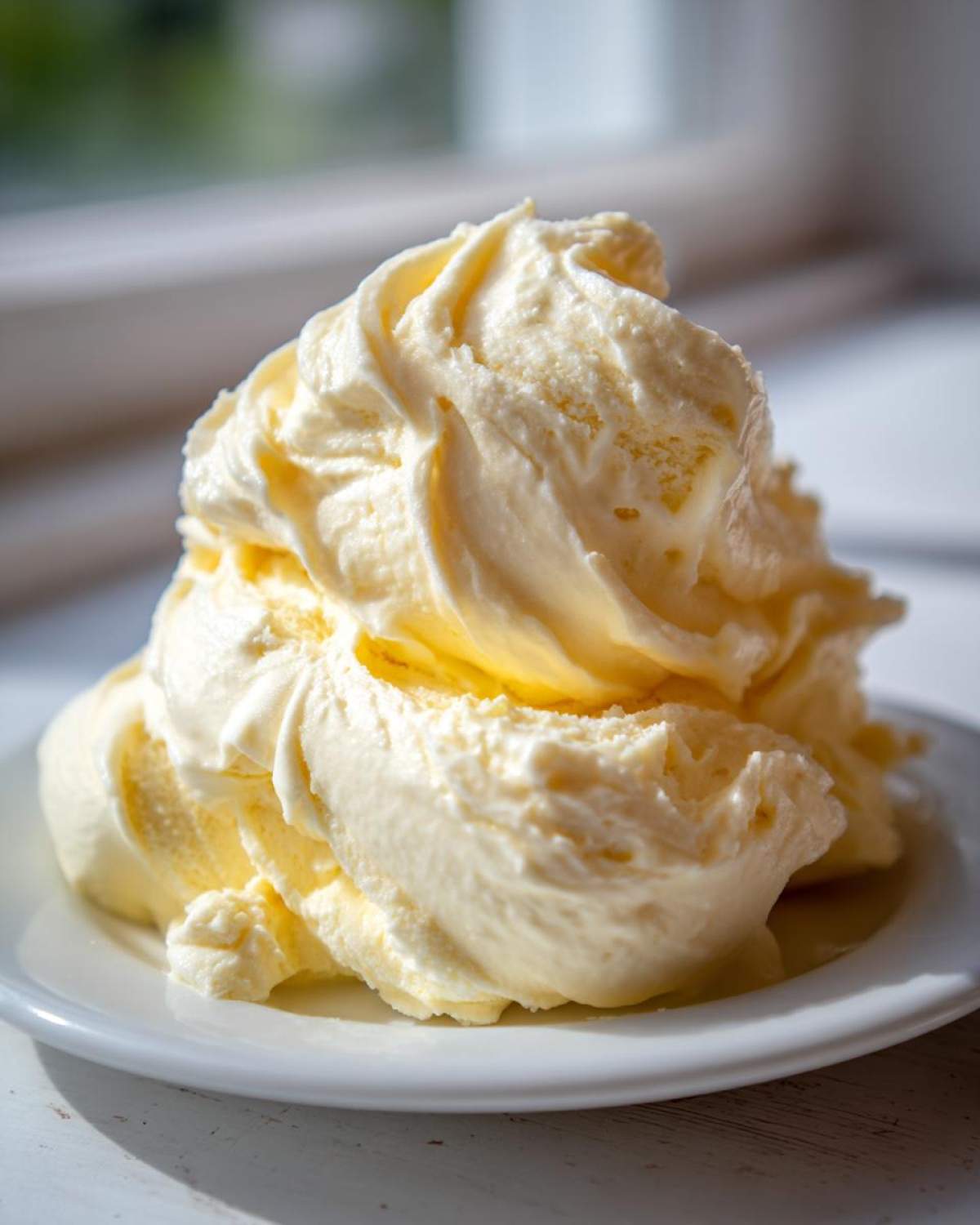 A generous, swirled scoop of pale yellow banana ice cream served on a small white plate.