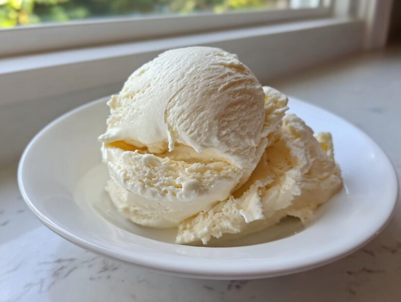 Three scoops of creamy, pale yellow banana ice cream served in a white bowl.