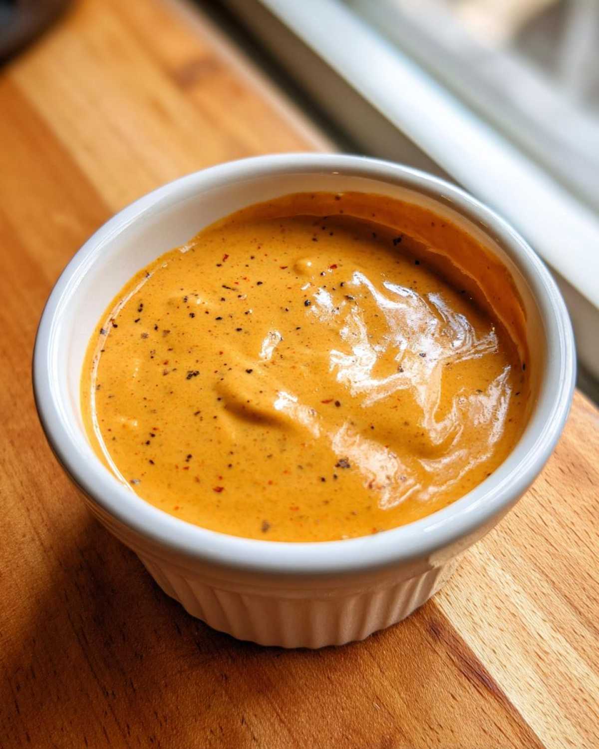 A close-up of creamy, orange beer cheese dip seasoned with black pepper in a white fluted ramekin.