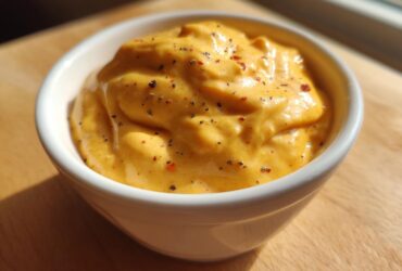Close-up of rich, orange beer cheese dip topped with black pepper and chili flakes in a white bowl.