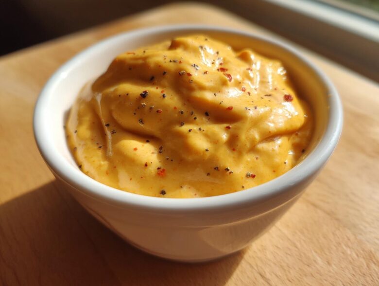 Close-up of rich, orange beer cheese dip topped with black pepper and chili flakes in a white bowl.