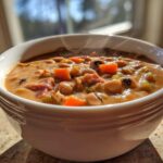 Close-up of a steaming white bowl filled with creamy black eyed peas, diced carrots, and celery.